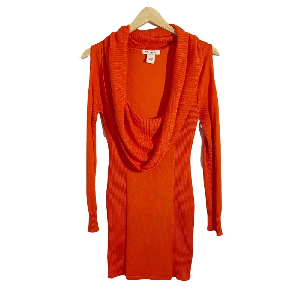 Arden B Orange Citrus Knit Low Cowl Neck Cold Shoulder Sweater Dress Tunic, L